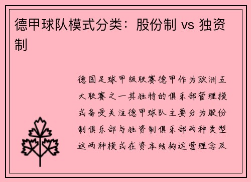 德甲球队模式分类：股份制 vs 独资制