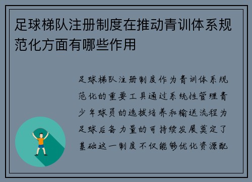 足球梯队注册制度在推动青训体系规范化方面有哪些作用